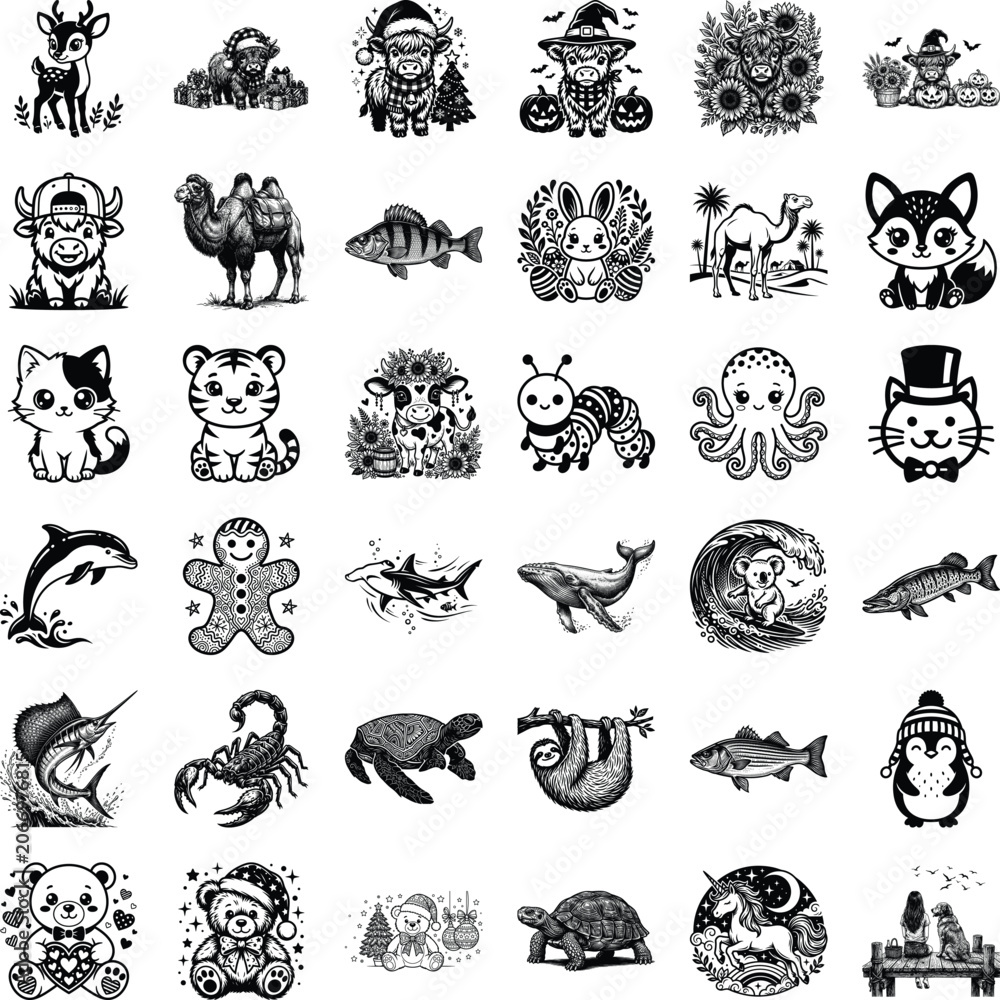 Fototapeta premium Assorted collection of cute woodland and marine animals in artistic monochrome ink drawing design style