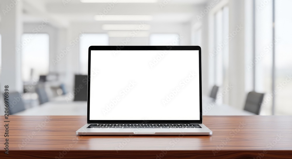 Fototapeta premium A sleek laptop with a blank white screen rests on a wooden desk within a bright, airy open plan office workspace with blurred background, tabletop, interior, laptop