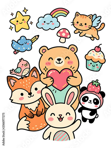 Cartoon group of diverse smiling children with animals.