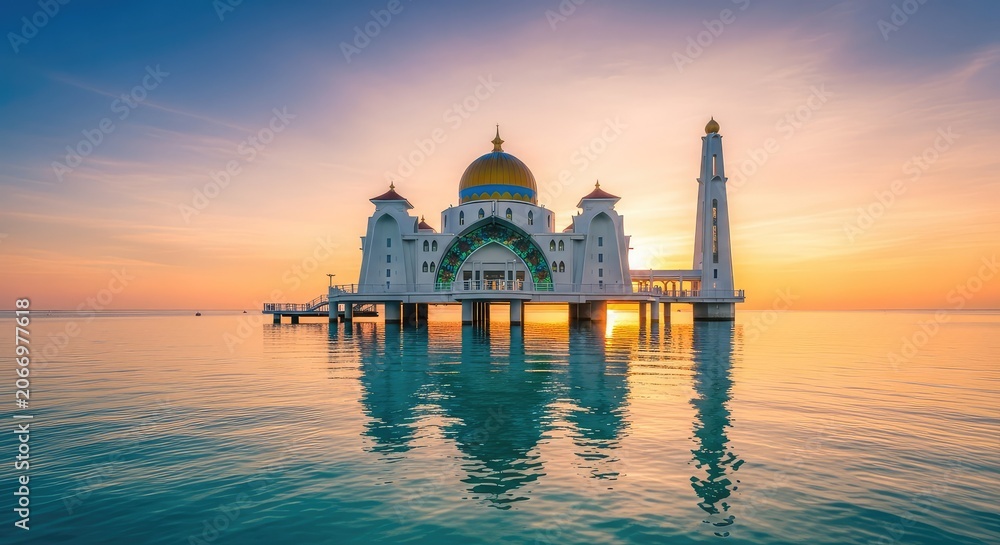 Obraz premium Stunning floating house of worship architecture on stilts over calm ocean waters featuring golden domes and minarets at orange sunset sky, cultural, tranquility, water