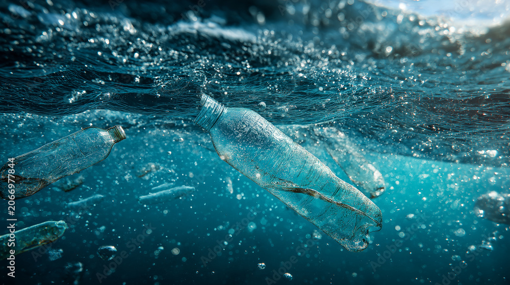 Fototapeta premium Plastic Bottles in Pristine Blue Water Creating Strong Contrast for Ocean Conservation Concept