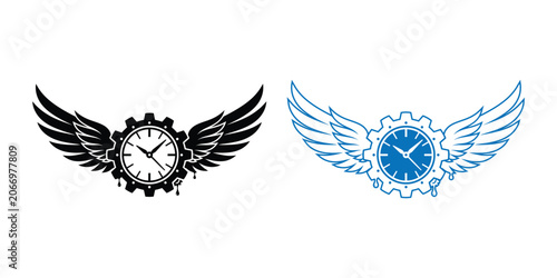 Foto Time flies concept vector icon with clock face inside a gear with wings, melting