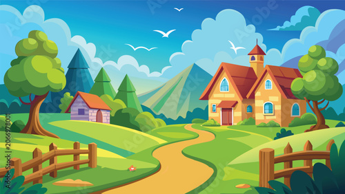 Rural landscape with houses trees and mountains under a bright sky vector illustration for idyllic scenes