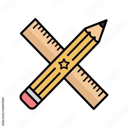 A Simple Vector Illustration Of A Crossed Wooden Ruler And Yellow Pencil