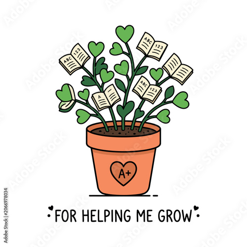 A Potted Heart Shaped Plant Growing Small Books For Helping Me Grow