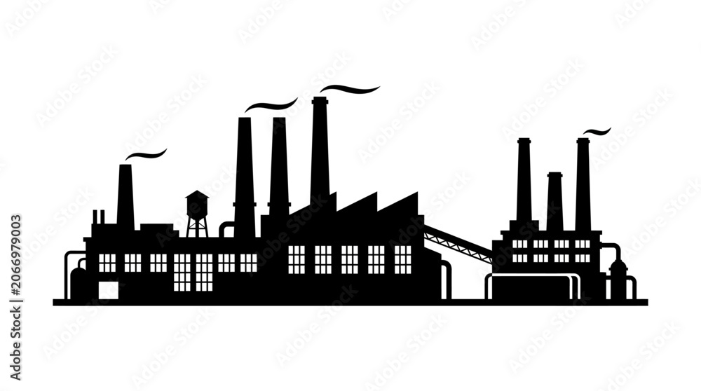 Fototapeta premium Industrial Factory Complex Silhouette Against White Background
