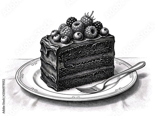 Black and white close-up of a chocolate cake with berries.