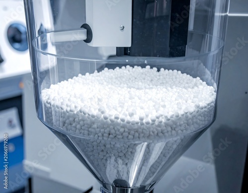 A close-up of a transparent funnel-shaped container filled with small, white, cylindrical pellets