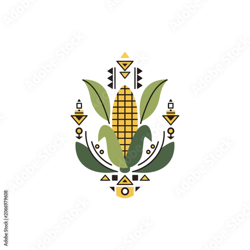 Stylized Corn Cob with Leaves and Patterns.