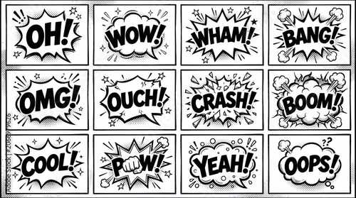 Comic book speech bubbles panel, various emotional expressions
