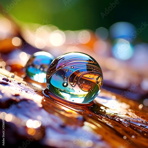 A close-up of a transparent glass marble on a wet surface