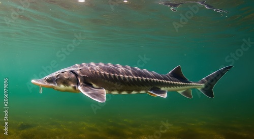 A large prehistoric sturgeon swims gracefully through the murky depths of a freshwater river, showing its unique bony plates and tail, serene, submerged, underwater