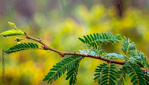 A close-up of a tree branch with vibrant green leaves on a blurred background