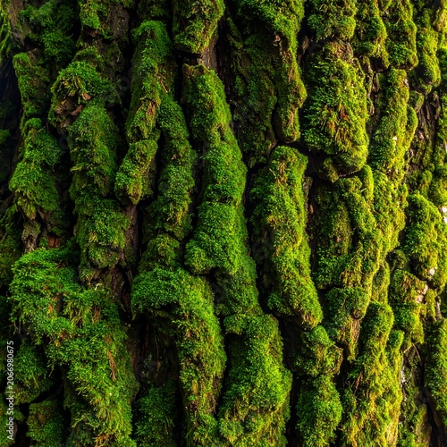 A close-up of a tree trunk covered in vibrant green moss