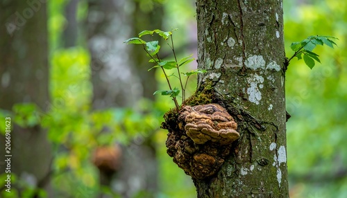 A close-up of a tree trunk with a large burl and green leaves
