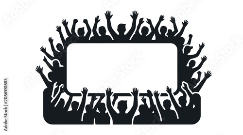 Black silhouette crowd illustration with raised hands.