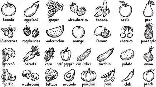 Hand draw fruits and vegetables. Doodle organic vegan tomato, eggplant vegetable, tasty fruits and berries. Natural veggies and fruits. Healthy food isolated vector illustration icons set