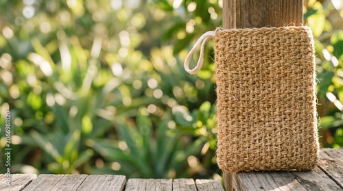 Natural woven bag placed on wooden table outdoors with greenery  