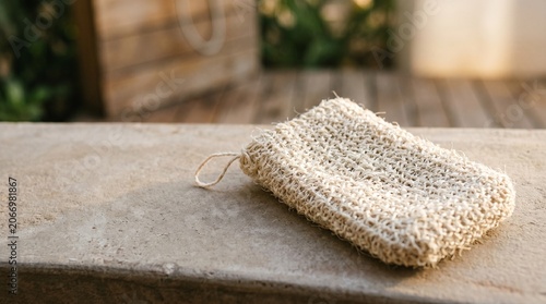 Natural fiber scrub pad resting on stone surface in outdoor setting  