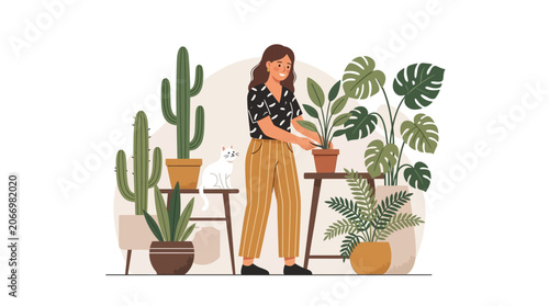 Woman holding a potted plant.