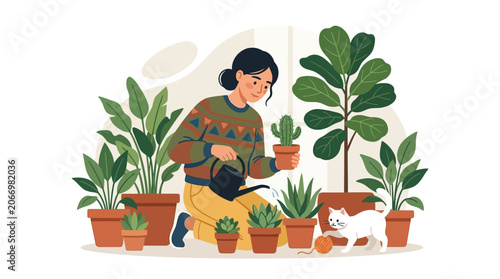 Woman holding potted plant and watering can.
