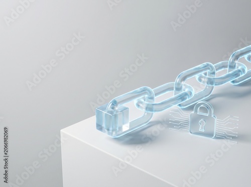 Minimalist 3D render of translucent glass blockchain with secure padlock icon on white background
