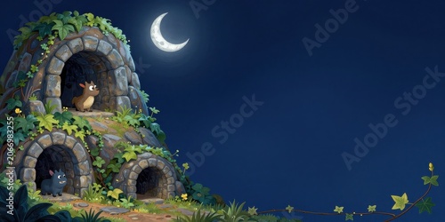 Cartoon Mouse and Cat in Stone Cave Under Moonlit Night with Forest Scene