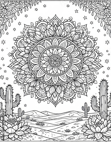 Intricate Mandala Design with Desert Landscape and Cacti Art Illustration