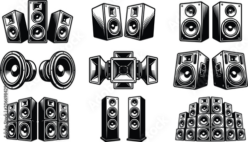 Collection of various sound speaker systems in simple line art style for audio performance projects