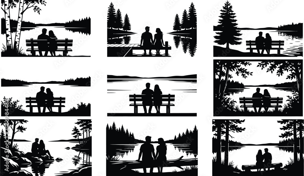 Fototapeta premium Couple sitting on wooden benches overlooking serene lakes and pine trees in nature silhouettes set