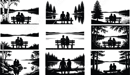 Couple sitting on wooden benches overlooking serene lakes and pine trees in nature silhouettes set
