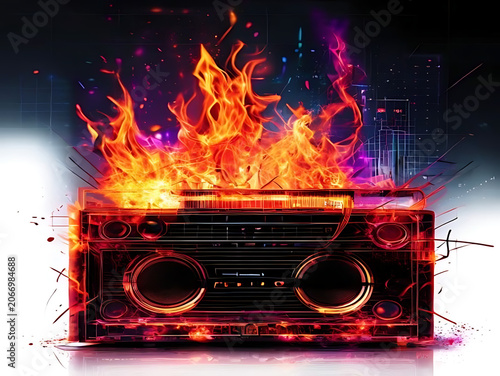 Vintage reel to reel tape recorder with colorful flames.