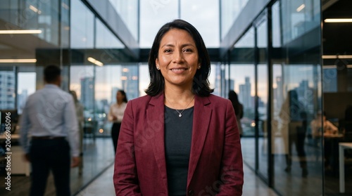 Confident businesswoman smiling in modern office hallway with blurred colleagues and city skyline visible through glass walls