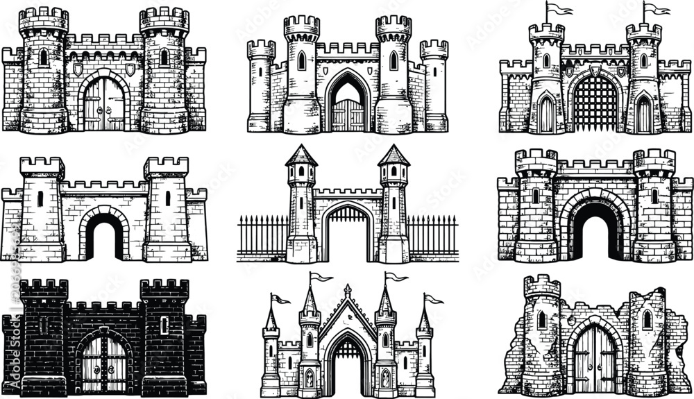 Obraz premium Hand drawn ink sketches of castle gate entrances and fort walls with traditional stone masonry