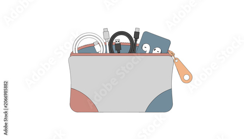 Small zippered pouch partially open containing various charging cables, earbuds, and electronic accessories for organized travel and storage.