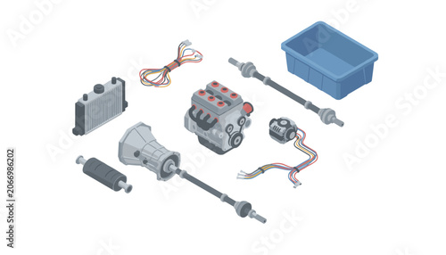 Automotive engine components arranged in an isometric view including a transmission, radiator, alternator, wiring harness, and drive shafts for vehicle maintenance.