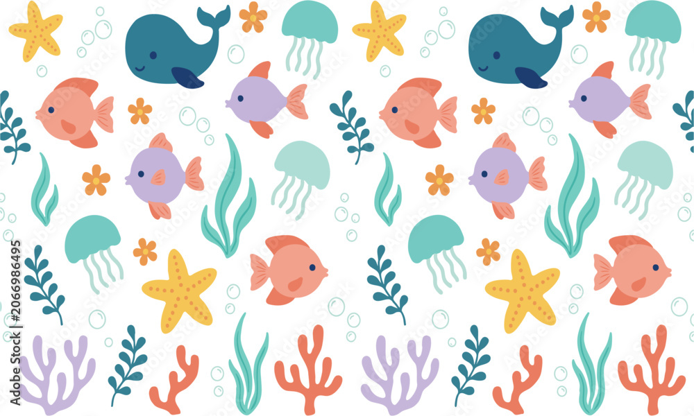 Naklejka premium Whale Fish And Coral Reef Seamless Design.