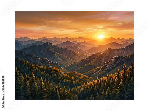 Golden sunset illuminating mountain grassland landscape.