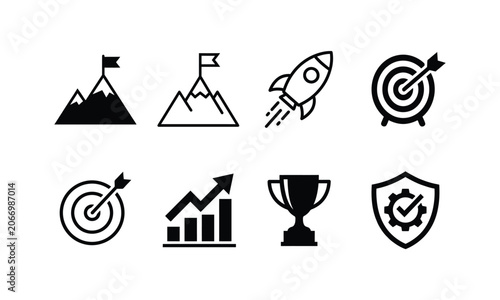 Business goal and achievement vector icons set with trophy.