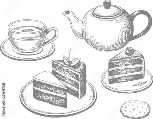 Foto 紅茶、ケーキ、クッキーの手書きイラスト、ベーカリーやカフェ