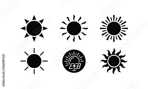 Collection of sun icons representing summer, heat, and solar energy.