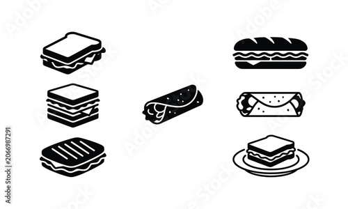 Sandwich and burrito icons for fast food and cafe menu.