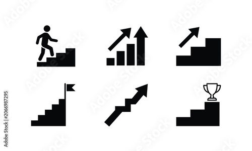 Business growth climbing stairs success and achieving goals icons.