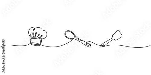 Foto A chef's hat, a wooden spoon, and a spatula vector continuous one line drawing