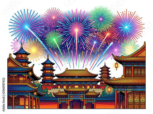 Colorful fireworks illuminating traditional pagoda at night.