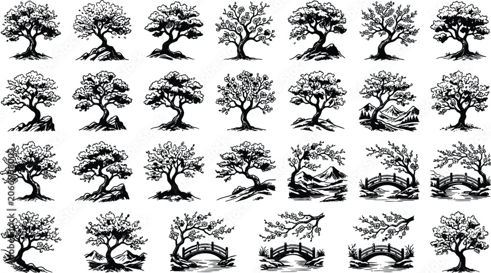 Fototapeta premium Set of hand drawn bonsai tree illustrations featuring various shapes and oriental wooden bridge designs