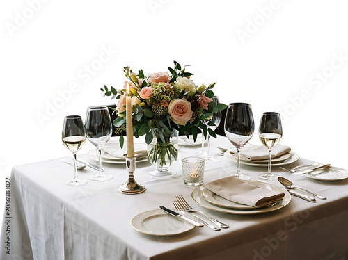 Elegant table setting with autumn floral arrangement and pumpkin.