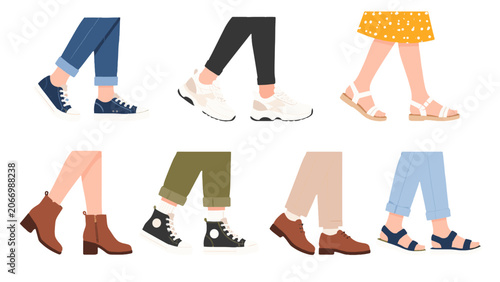 Картината върху платно Set of cartoon legs wearing sneakers boots and sandals