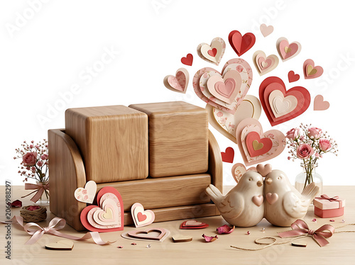 Wooden crate with heart shaped decorations and flowers.