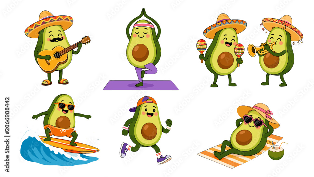 Obraz premium Cute avocado cartoon characters in playful activity set